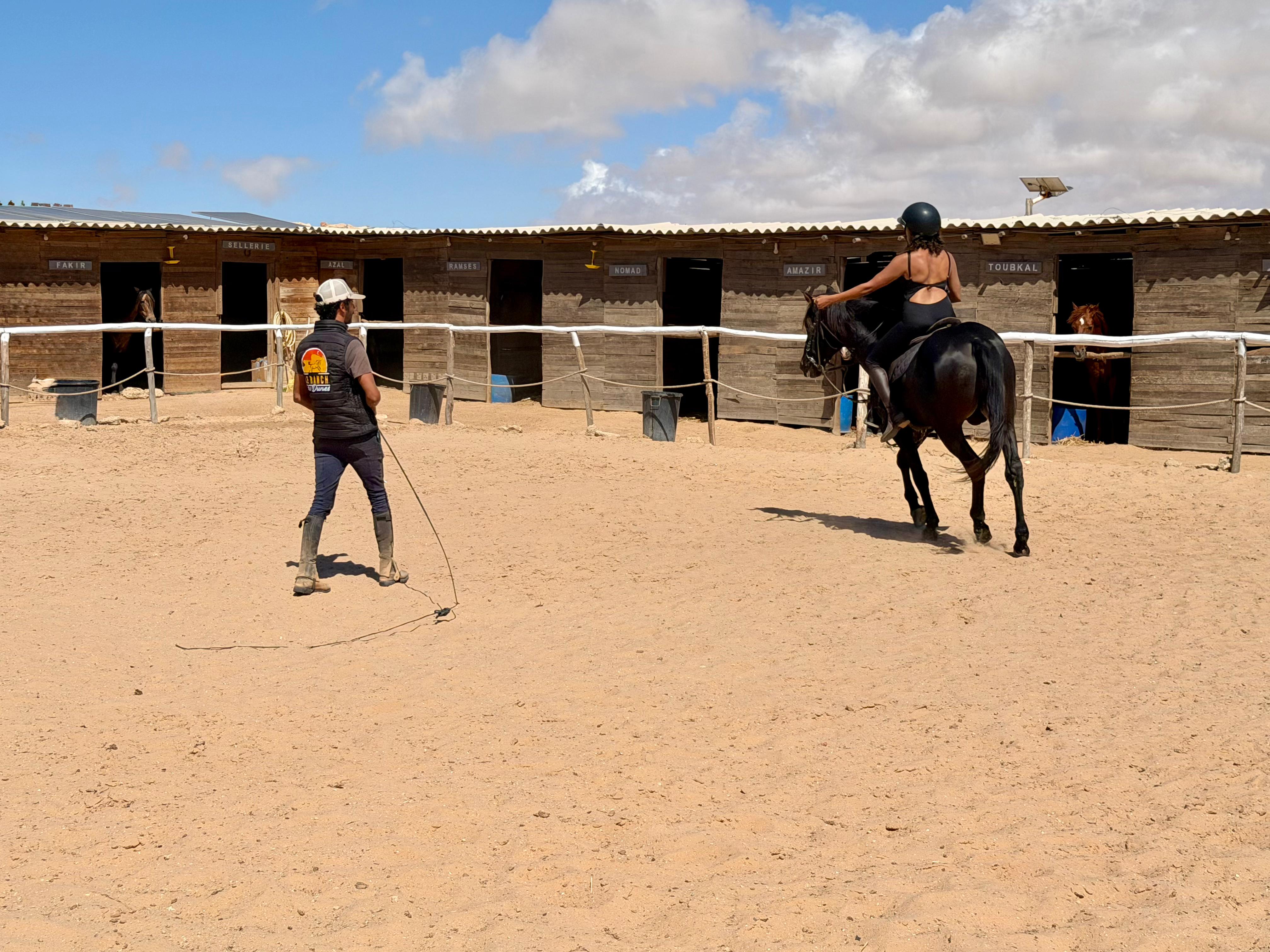 Cours d'équitation à la longe dans la carrière du Ranch des Dunes à Dakhla
